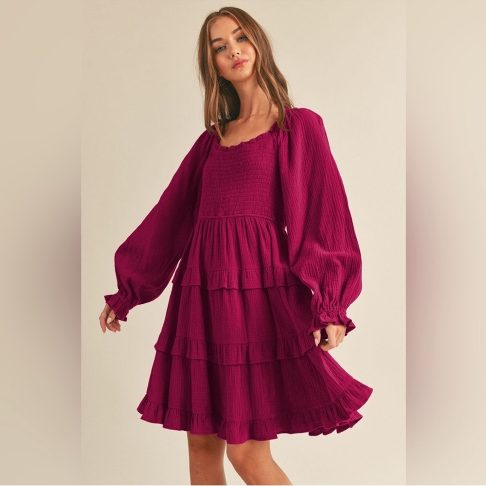 Vici Magenta Tiered Long Sleeve Smocked Dress